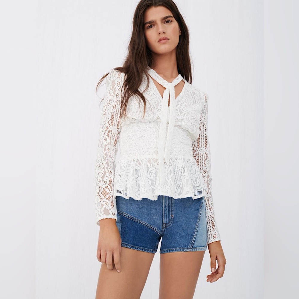 NWOT MAJE white lace Lituane Ecru long sleeve tie-neck top sz 2 new without tags